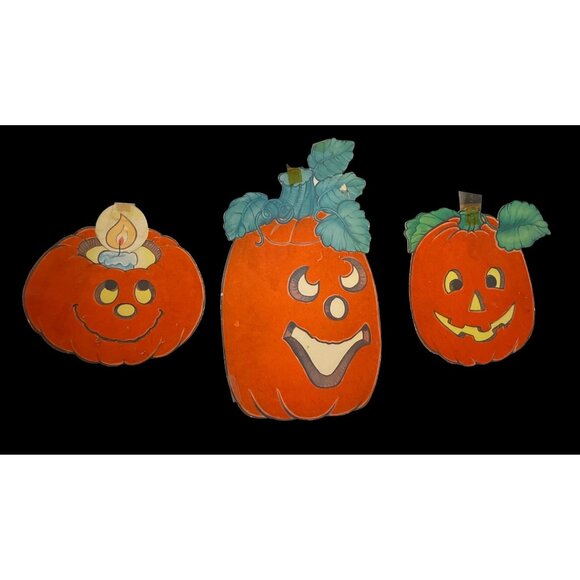 Vtg Felted Pumpkins Orange Fuzzy Double-Sided Halloween Cardboard Decorations Se - Picture 2 of 6